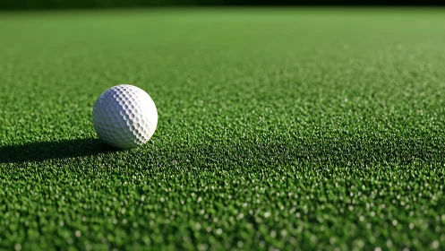 White golf ball resting on close-cropped artificial turf.