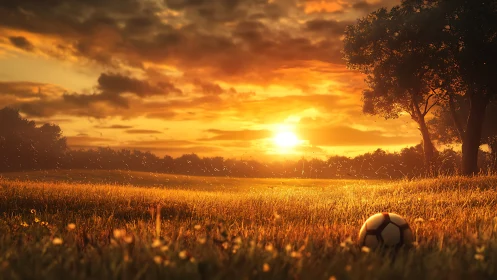 Sunlit soccer memory resting in a golden summer field at dusk.