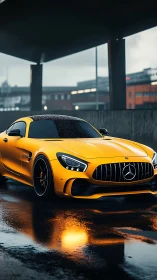 Yellow performance coupe under moody urban overpass light.