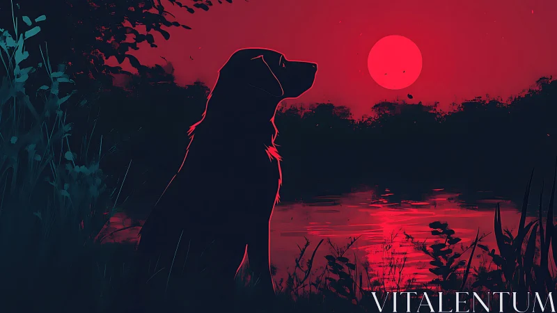 Faithful dog relaxing by a glowing red lakeside sunset.