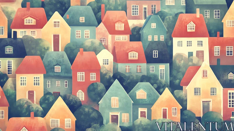 Pastel neighborhood elevation study with stylized gabled houses