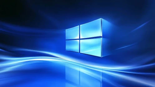 Blue luminous window logo floats over abstract wave field