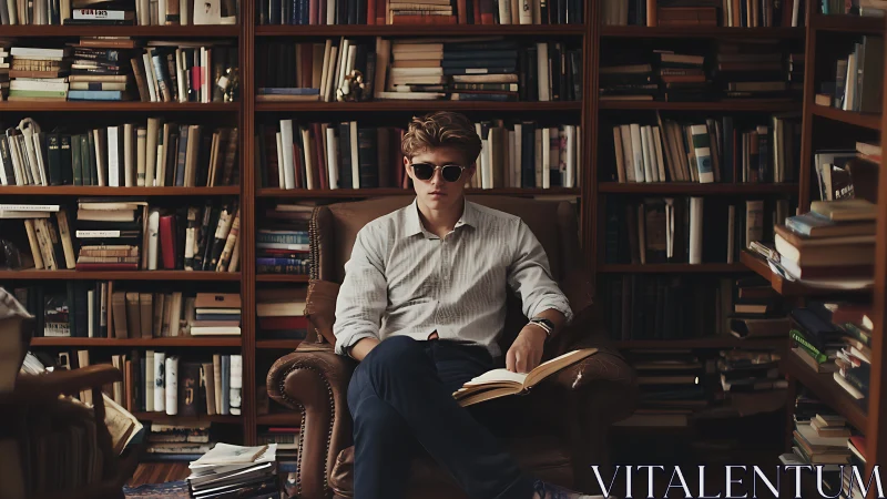 Young reader in leather armchair amid dense, floor‑to‑ceiling bookshelves