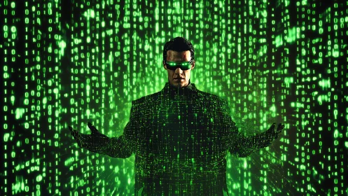Man in digital code matrix with green binary data field.