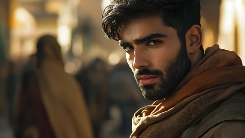 Sunlit gaze of a wanderer in a bustling marketplace.