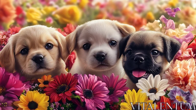 Tri-color puppy portrait nestled in dense spring florals field