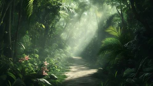 Sunlit Path Through Emerald Jungle Canopy.