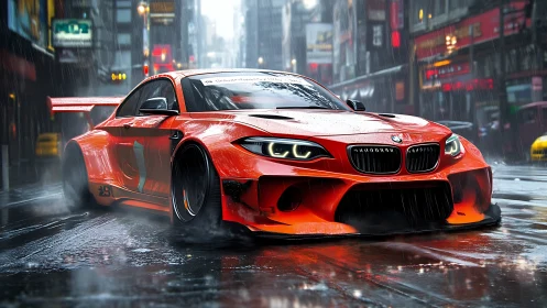 Scarlet street racer prowling neon rain-slicked city canyons.