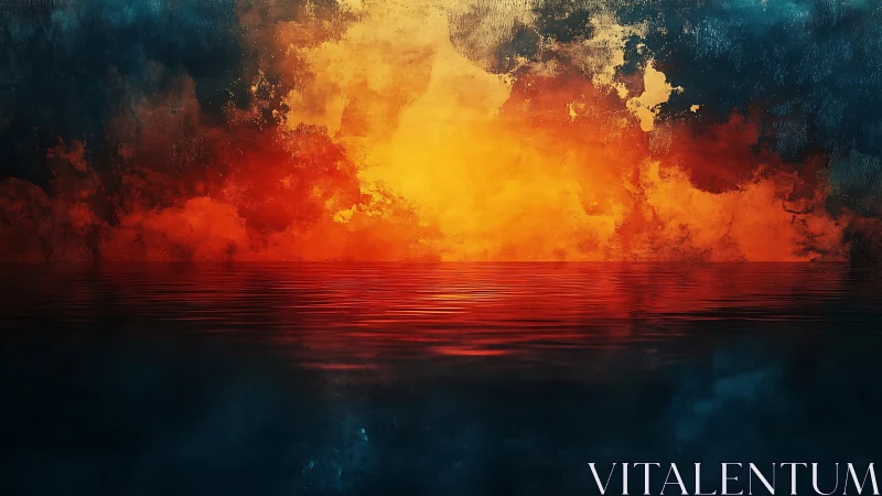 Fiery abstract horizon ignites over dark reflective sea.