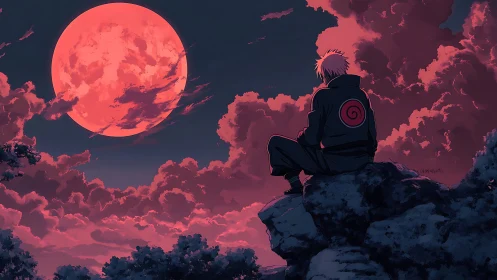 Solitary ninja watching blood moon over crimson clouds.