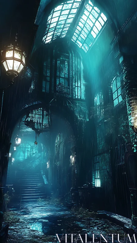 Rain-soaked vaulted alley shows decayed architecture and glass roof