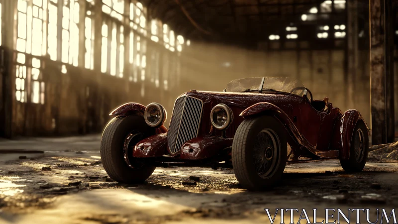 Dustlit scarlet roadster dreaming in a forgotten factory.