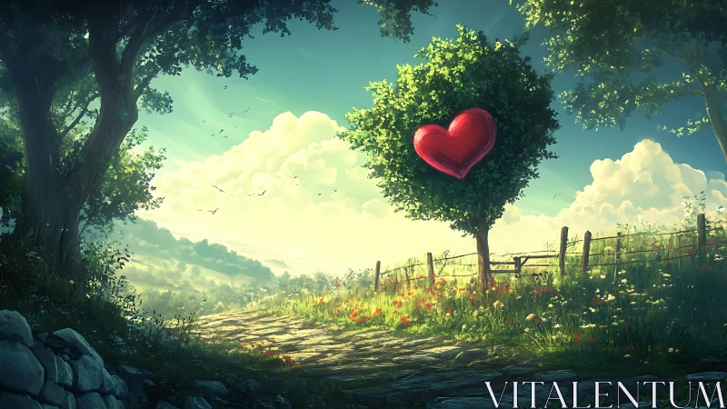 Red heart suspended in pastoral landscape with towering trees.