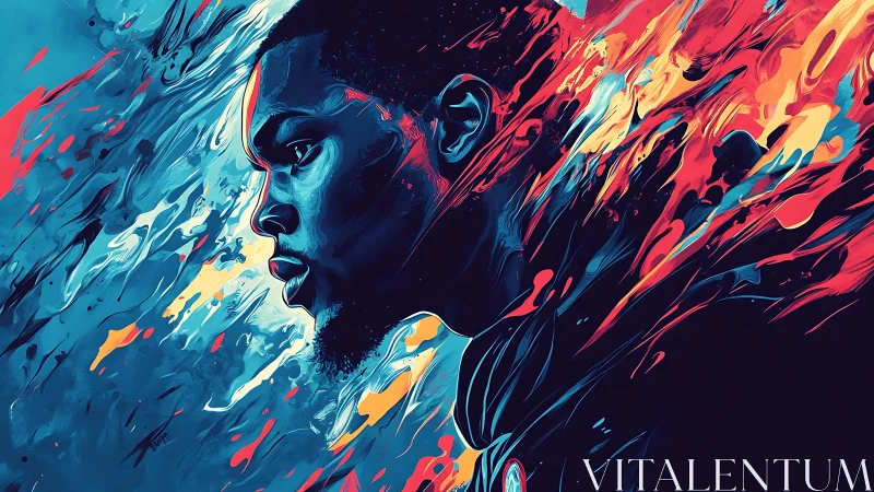 Profile portrait of man amid abstract blue and red streaks.