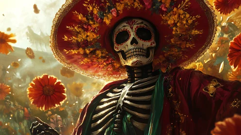 Calavera figure in marigold storm, D&iacute;a de Muertos regalia.