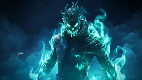 Flaming spectral warrior emerges from cyan inferno storm.