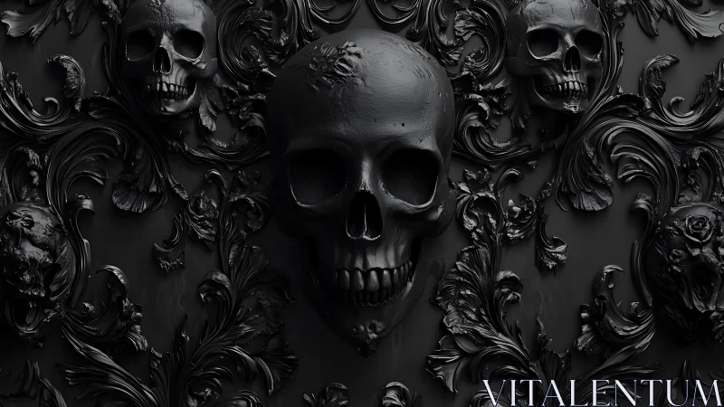 Ornate black skull relief with symmetrical baroque elements.