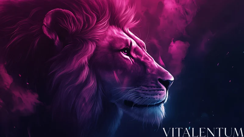 Neon side-lit lion portrait renders cosmic bioluminescent aura