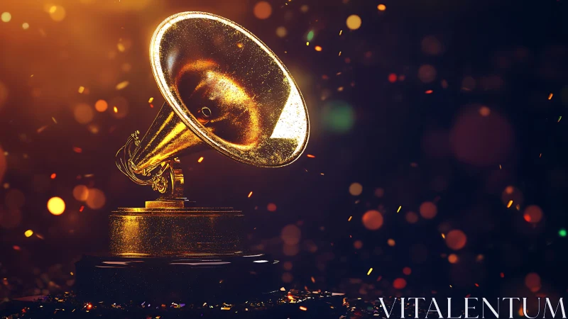 Golden gramophone trophy glows under dramatic studio lights.
