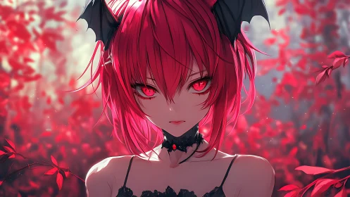 Anime portrait of crimson demon girl in floral bokeh field.