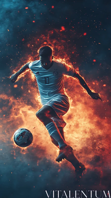 Fiery soccer star leaping through glowing sparks of passion.