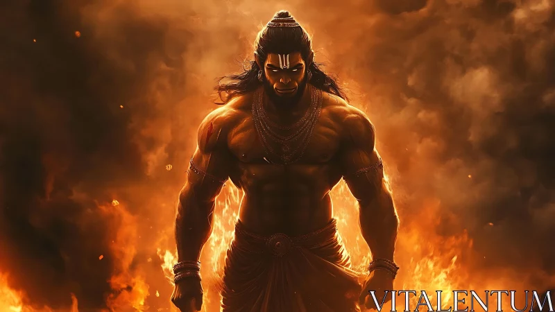 Blazing warrior strides from molten smoke with divine calm