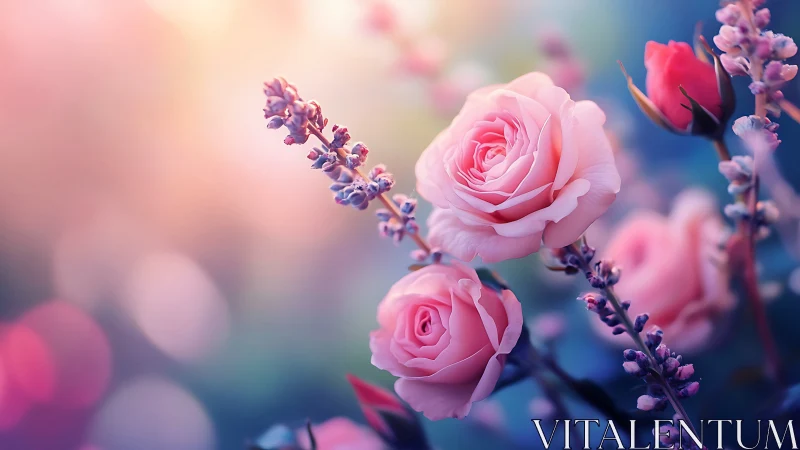 Luminous Pink Roses with Purple Blooms Rendered in Soft Focus Botanical Study.