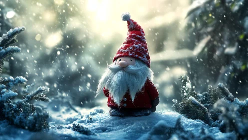 Snow-kissed Christmas gnome guarding a wintry forest dream.