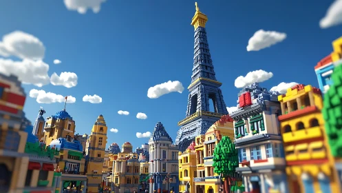 Detailed LEGO Paris skyline with Eiffel Tower under clear sky