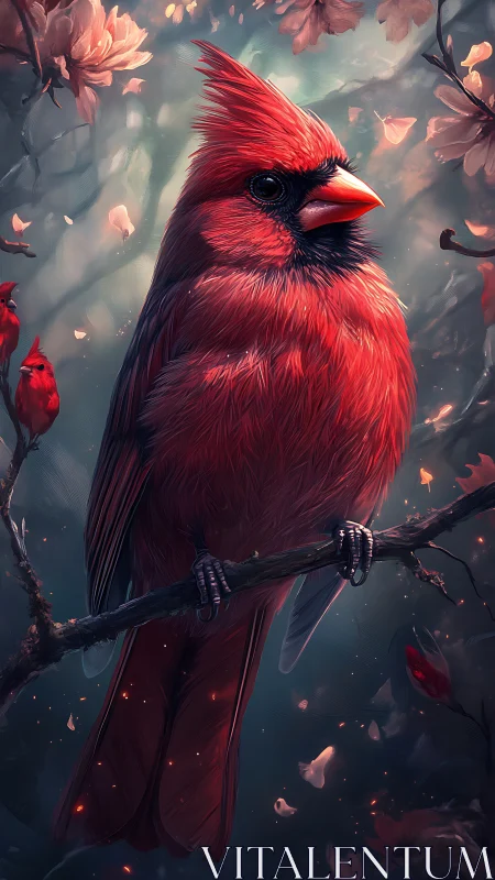 Crimson cardinal rests softly among dreamy forest blooms