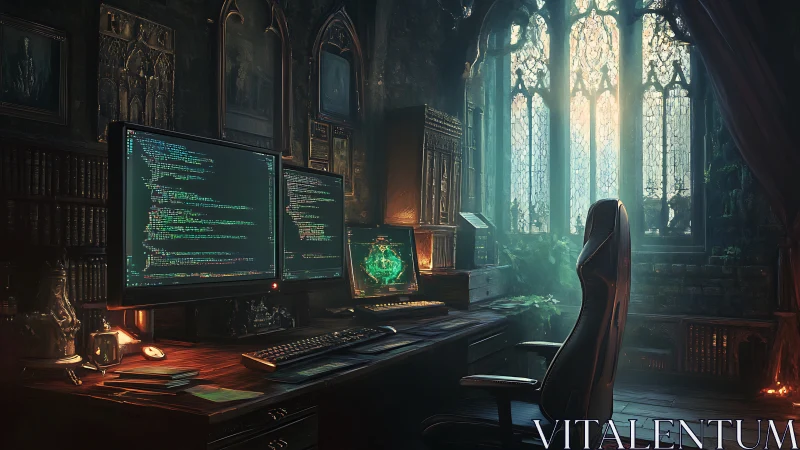 Dual-monitor coding workstation offsets gothic stone library interior