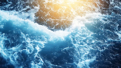 Sunlit turbulence moves across a surface of breaking waves