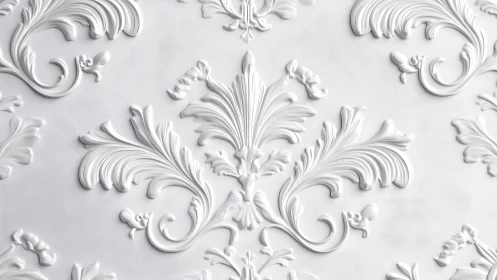 Ornate white baroque scrollwork in repeating relief pattern.