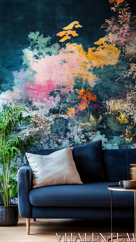 Velvet blue sofa contrasts floral abstract mural in lounge