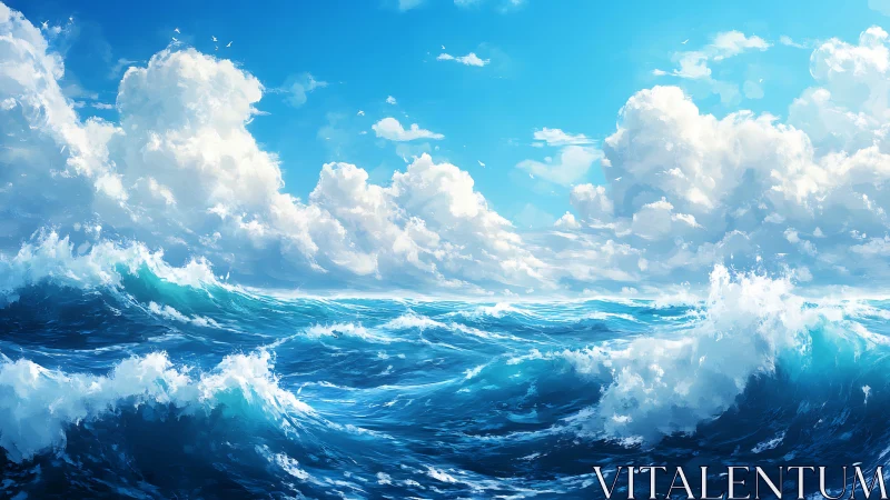 Sunlit ocean swells beneath towering summer cumulus clouds.