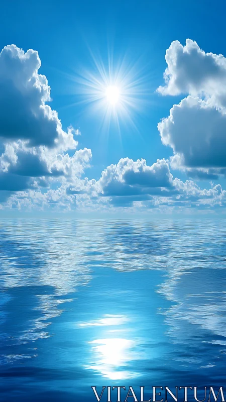 Radiant midday sun mirrored on tranquil open sea horizon.