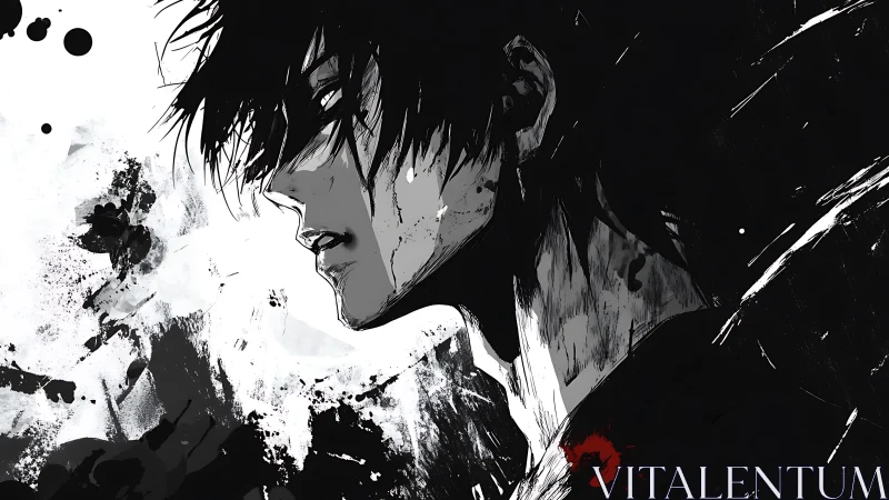 Brooding ink-washed warrior in stark monochrome profile.