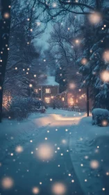 Snowlit lane hums softly while a distant house glows warm