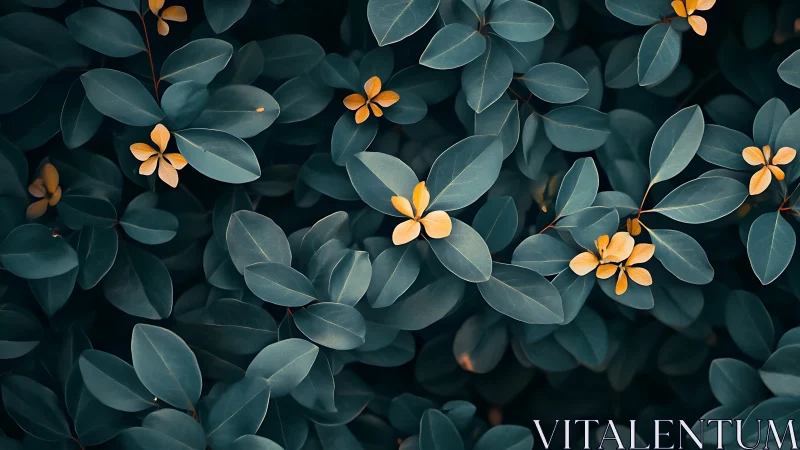 Teal foliage surrounds golden flowers in balanced pattern.