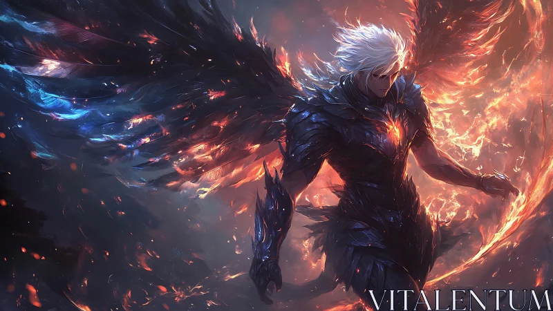 Armored fallen angel strides through dual elemental wings