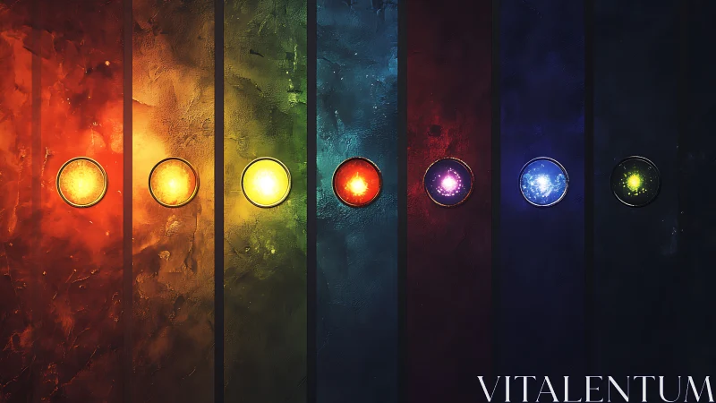 Glowing rainbow portals lined up like quiet cosmic buttons.