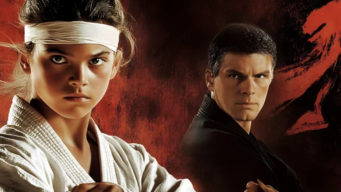 Focused young martial artist with steady mentor at her side.