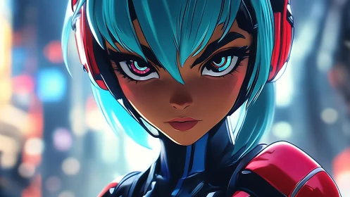 Cybernetic heroine with teal hair in neon city close-up.