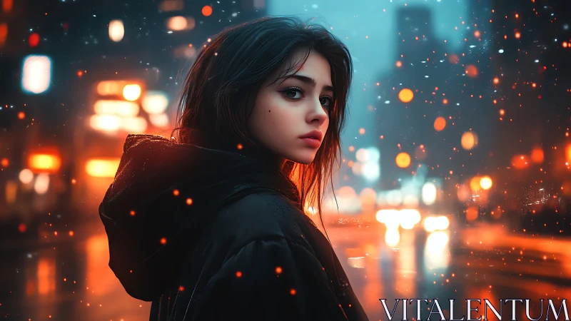 City lights and soft embers around a quiet midnight wanderer.