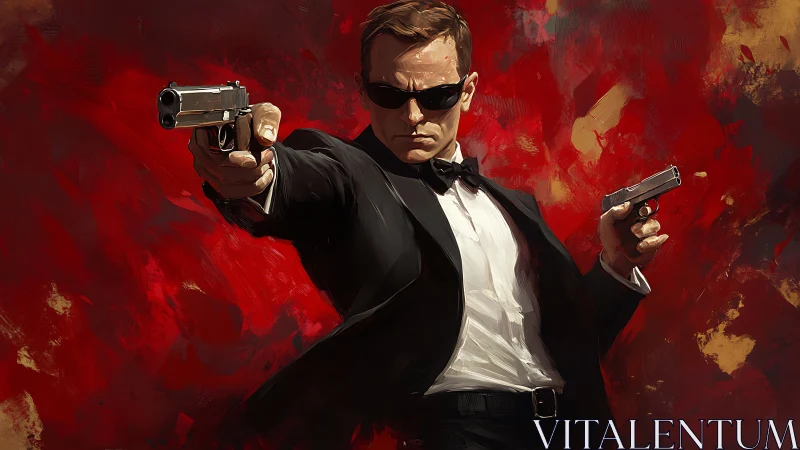 Suited gunman aims pistols against abstract crimson chaos.