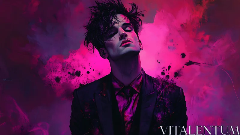 Stylized portrait of pensive man in vivid magenta hues.