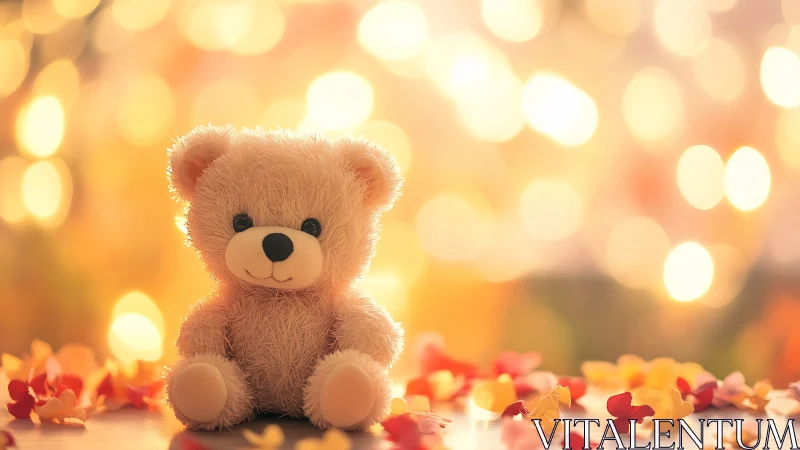Soft teddy bear in glowing bokeh autumn lights scene.