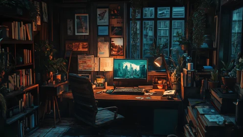 Midnight coder’s jungle loft glows with urban dreams.