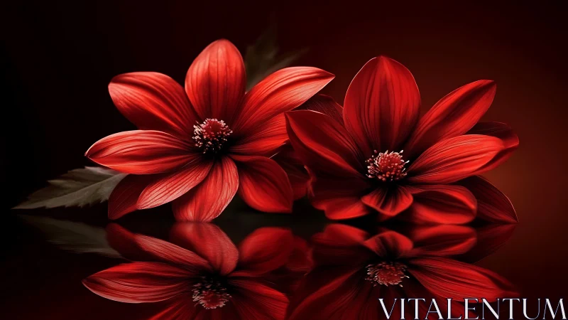 Deep red dahlias with intricate petal texture and dramatic reflective surface.