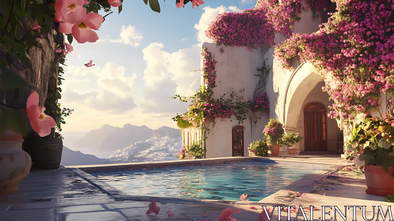 Sunlit cliffside courtyard whispers over a turquoise pool